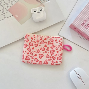 Pink leopard print heart pattern pouch for small electronics and lipstick storage
