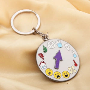 Detail of a social battery rainbow wheel keychain for emotional non-verbal communication