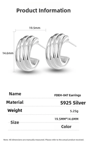 Size chart showing S925 sterling silver hoop earrings with dimensions and weight specs