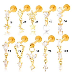 F136 titanium gold chain cartilage studs with zircon stars and moons set of 10