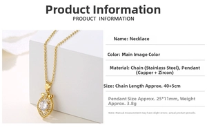 Detail of gold bow teardrop necklace showing 40+5cm chain and 25x11mm zircon pendant