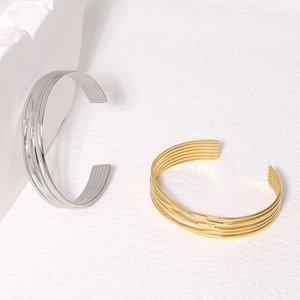 Minimalist adjustable stainless steel multi-strand open bangles in gold and silver finish