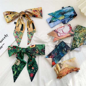Women Art Oil Painting Silk Scarf Vintage Print Satin Hair Tie Thin Scarf Long Ribbon Bag Decoration Neck Scarf Accessory