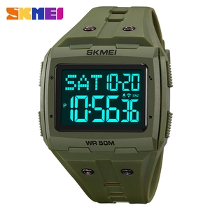 Classic square digital sports watch in army green with waterproof resin strap
