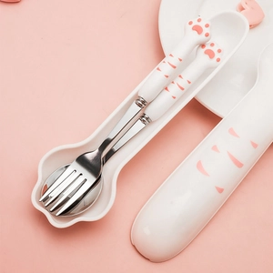 Cute Cat Paw Spoon And Fork Cutlery Stainless Steel Silicone Handle Portable Travel Picnic For Kids And Students Mirror Polished