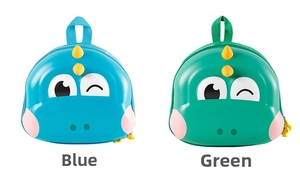 Detailed comparison of blue and green cartoon dinosaur hardshell backpacks for children