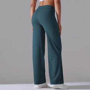 High-waisted dark green wide-leg yoga pants with pockets, relaxed fitness style back view