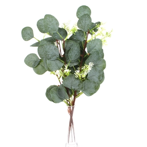 Close-up of artificial eucalyptus leaves with white frosted texture and small buds