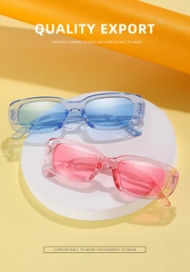Detail view of colorful transparent rectangular sunglasses in blue and pink tones