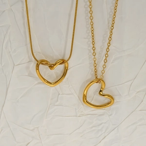 Hollow Heart Pendant Necklace 18K Gold Plated Stainless Steel Snake Chain Minimalist Hypoallergenic Waterproof Women