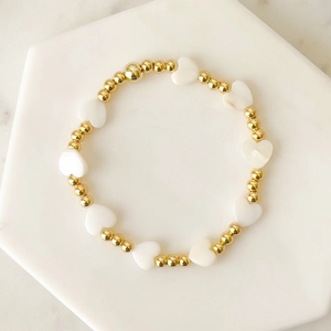 Natural Shell Heart Beaded Bracelet With Gold Plated Copper Beads For Women Elastic INS Style Jewelry
