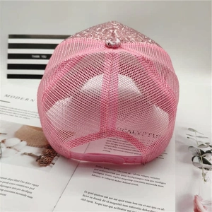 Detailed back view of pink sequin baseball cap with breathable mesh and adjustable strap
