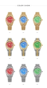 Nine color options of iced out crystal quartz watches with date display and roman numerals