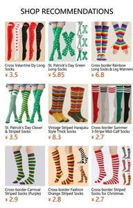 Variety of striped and festive over-the-knee socks for cosplay and holiday costumes
