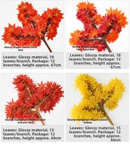 Detail showing waterproof artificial maple leaves in red and yellow for landscaping