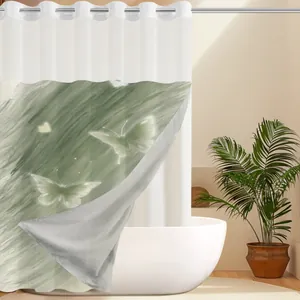 Detail of waterproof butterfly shower curtain with stainless steel rings in modern bathroom