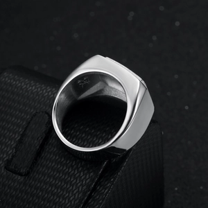 Polished silver square signet ring for men with JZ engraving on inner band