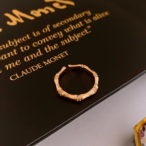 Détail d'une bague ouverte en bambou doré avec zircons sur un livre d'art ancien