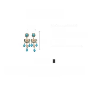 Detail view of bohemian drop earrings with turquoise, pearls, and crystals showing dimensions