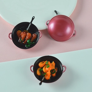 Miniature dollhouse cooking pans set with realistic food models and red finish