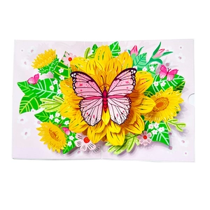3D pop-up greeting card featuring pink butterfly on sunflower with intricate paper art