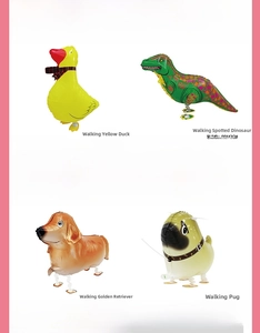 Detail of walking animal foil balloons featuring duck, dinosaur and dog shapes for parties