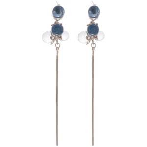 Long dangle earrings featuring dark blue resin spheres and silver snake chain tassels