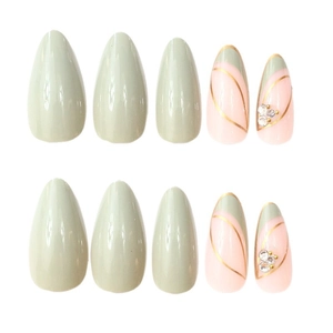 Elegant long almond press-on nails in morandi green and pink with gold lines and rhinestones