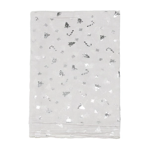 Detail of silver Christmas tree and snowflake foil prints on light grey festive scarf