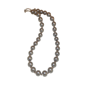 Minimalist single strand choker necklace with large grey glossy pearls and metal beads
