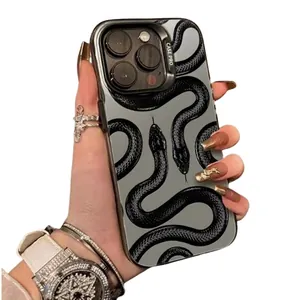 Grey iPhone case featuring realistic black snake pattern and raised camera lens protector