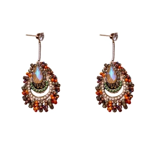 Ethnic bohemian silver needle stud earrings with rainbow crystal teardrop and beaded tassels