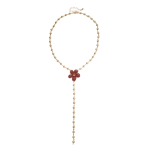 Vintage gold beaded Y-necklace with dark red floral pendant and tassel design