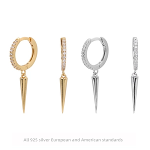 925 Sterling Silver Hoop Earrings With Spike Dangle Cubic Zirconia Inlaid Punk Hip Hop Geometric Jewelry For Unisex