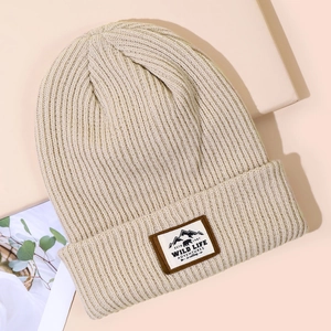 Beige ribbed knit beanie with outdoor wild life patch for winter warmth and style