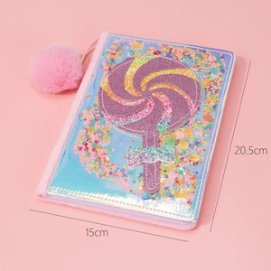 Pink A5 notebook with a glittery lollipop design and laser finish, size 15x20.5cm