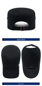 Detail views of black cotton flat top cap showing adjustable metal buckle and inner sweatband