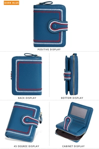 Multiple views of dark blue women's wallet with embroidery and internal compartments