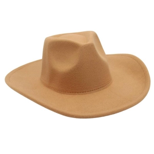 Top view of a khaki wide-brim wool fedora hat with a classic pinched crown design