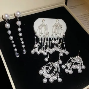 Long Tassel Artificial Pearl Alloy Dangle Earrings With Waterdrop Zircon And Silver Earring Post Vintage Elegant Fringe Jewelry