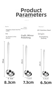 Size chart showing three sizes of polished stainless steel long handle hot pot ladles