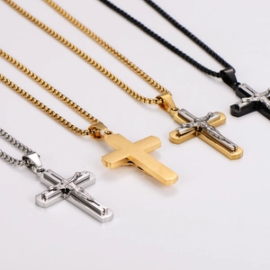Retro hip-hop cross pendant necklaces in gold, silver and black with box chains