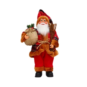 Figurine du Père Noël debout avec tenue à carreaux rouges et noirs et sac cadeau