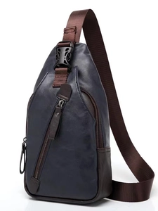 Men's navy and brown faux leather sling bag with adjustable strap and metal zippers