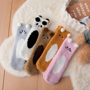 5-pack thick coral fleece socks with cute 3D cartoon animal ears on plush carpet