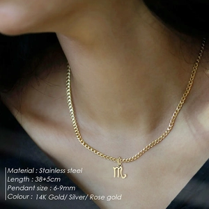 Close-up of 14K gold stainless steel Scorpio zodiac necklace with 38+5cm chain length