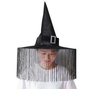 Black velvet witch hat with silver buckle and long fringe tassel veil for Halloween party