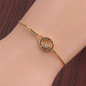 Detail of adjustable gold-plated tennis racket bracelet with multi-color zircon stones