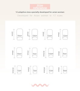 Size guide showing 12 different dimensions for French style press-on false nails