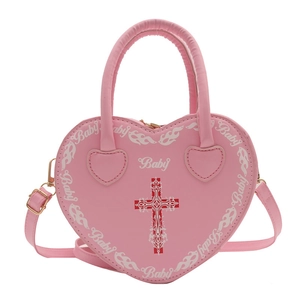 Pink heart-shaped PU leather handbag with gothic cross print and Baby text